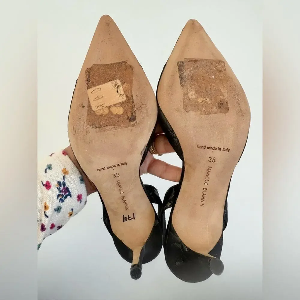 Manolo Blahnik Black Metallic Grey Floral Brocade Carolyne pumps 70mm EU 38
